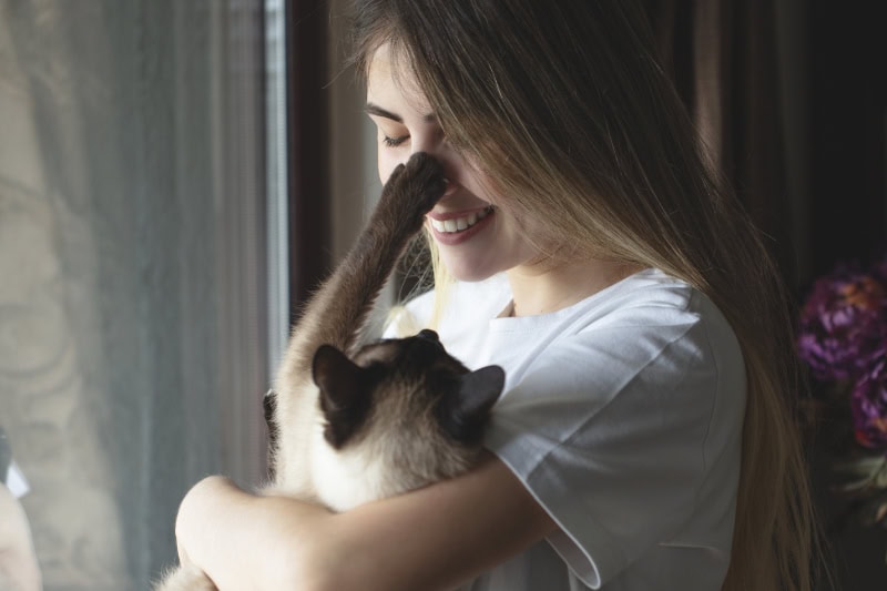 Transitioning Your Heat Pump Use Between Seasons. Photo of a woman holding her cat by a window.